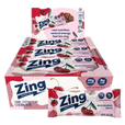A box of Zing Energy Bar snack bars in cherry flavor, with several individual bars displayed in front on a clean white background.