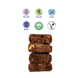 stack of four dark chocolate covered mint bars with bites taken out of them. Plant-based, gluten free, soy free, non gmo, glyphosate residue free, and v-label international