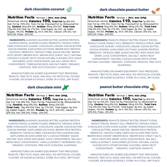 Nutrition fact panels and ingredients for all four flavors in the zing bar minis variety pack