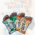 4 opened zing bar minis in coconut, mint, peanut butter, and peanut butter chocolate chip flavors