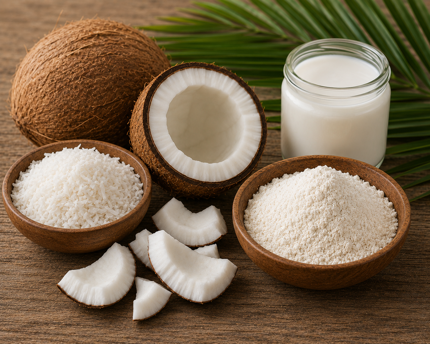 Close-up of whole and sliced coconuts with shredded coconut and coconut milk on a rustic wooden background.
