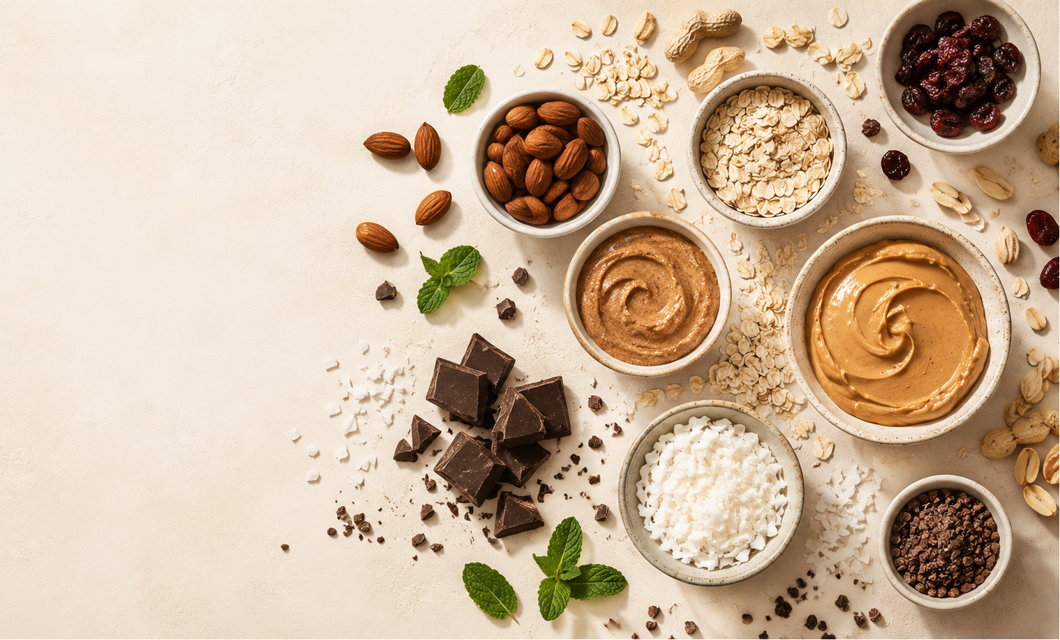 Assorted ingredients including nuts, seeds, and spreads on a light background